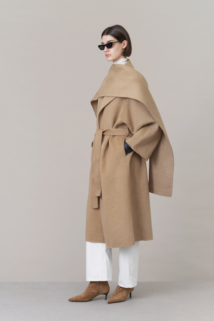 Belted Wool Coat with Scarf Camel