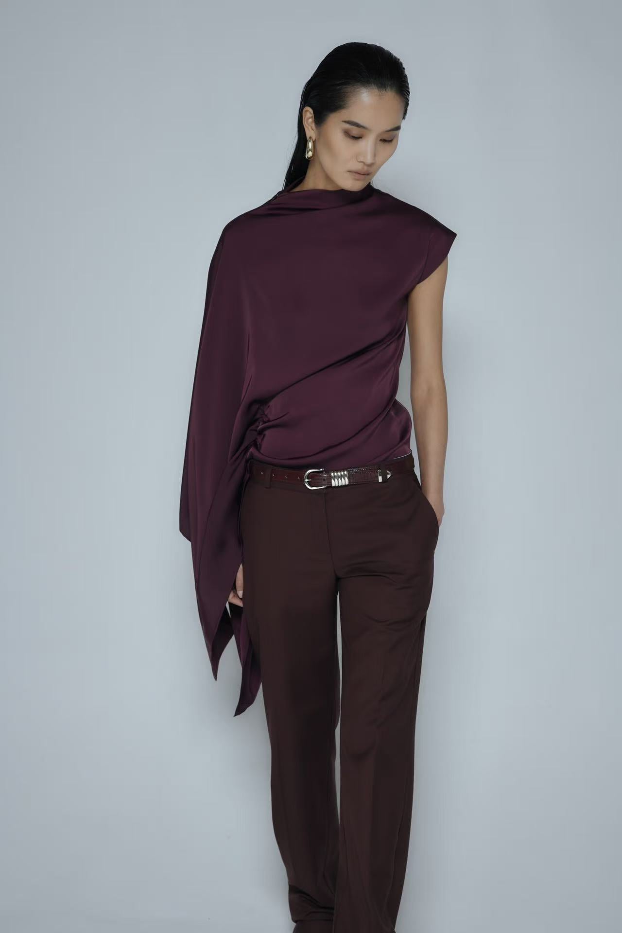 Ziva Asymmetrical Drape Top Bordeaux