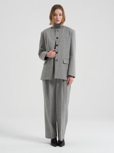 Gal Wool Collarless Jacket Grey Pinstripe