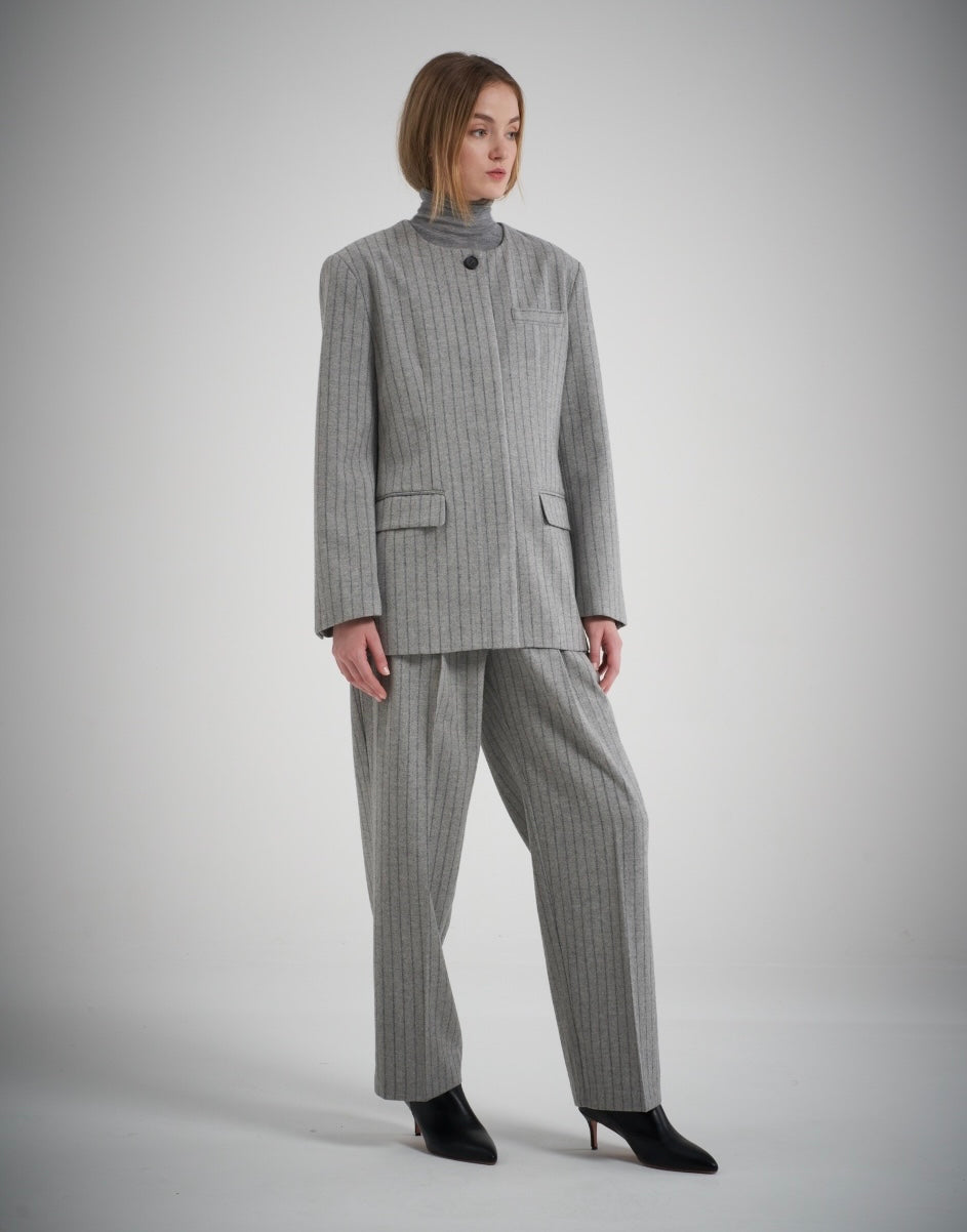 Gal Wool Pintuck Trouser Grey Pinstripe