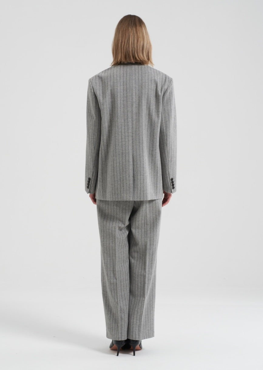 Gal Wool Collarless Jacket Grey Pinstripe