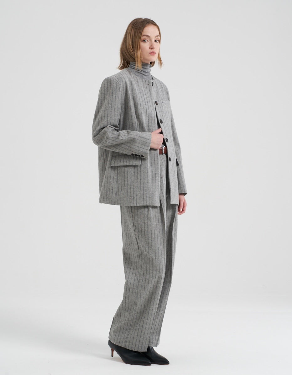 Gal Wool Collarless Jacket Grey Pinstripe