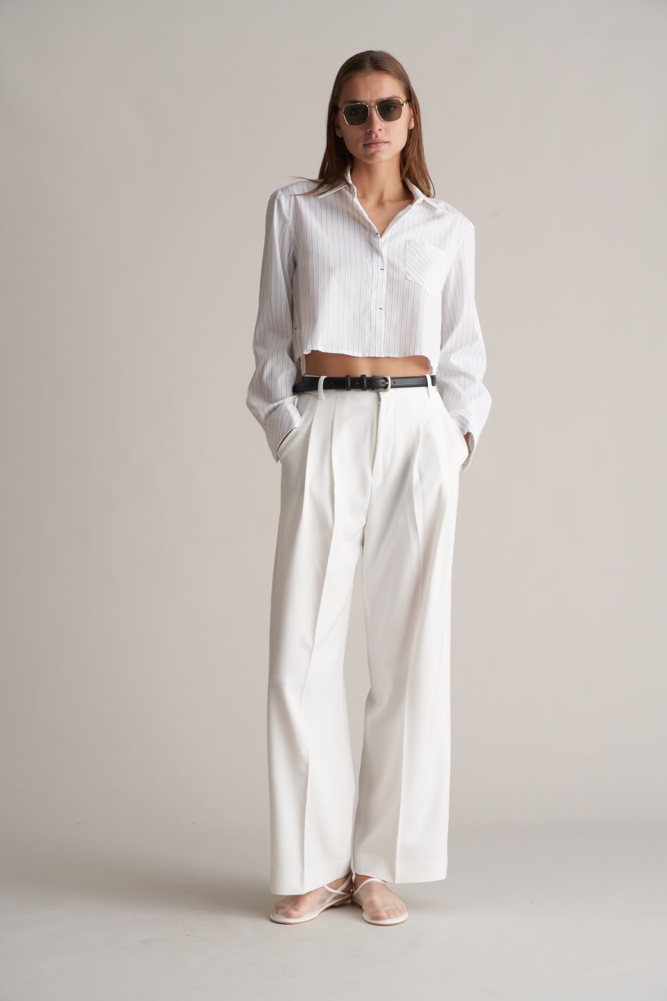 Cropped Pinstripe Shirt White