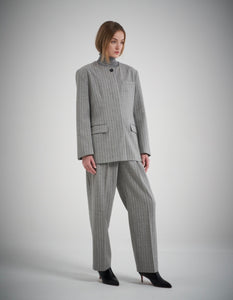 Gal Wool Collarless Jacket Grey Pinstripe