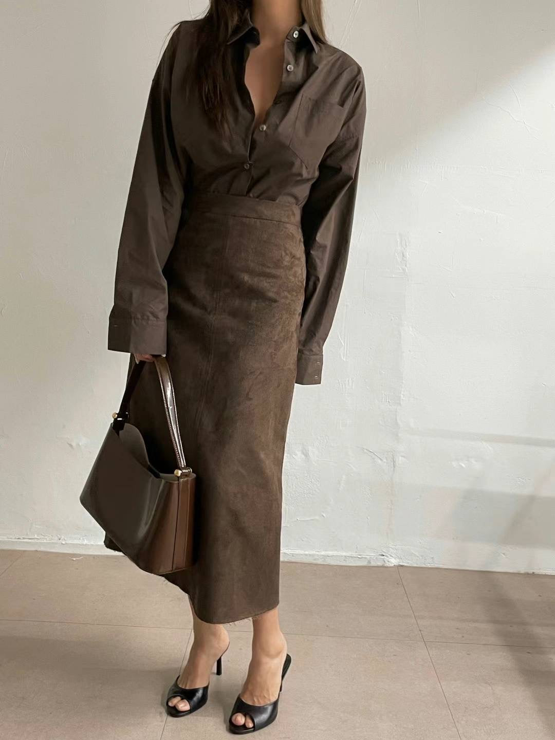 Indra Faux Suede Skirt Chocolate