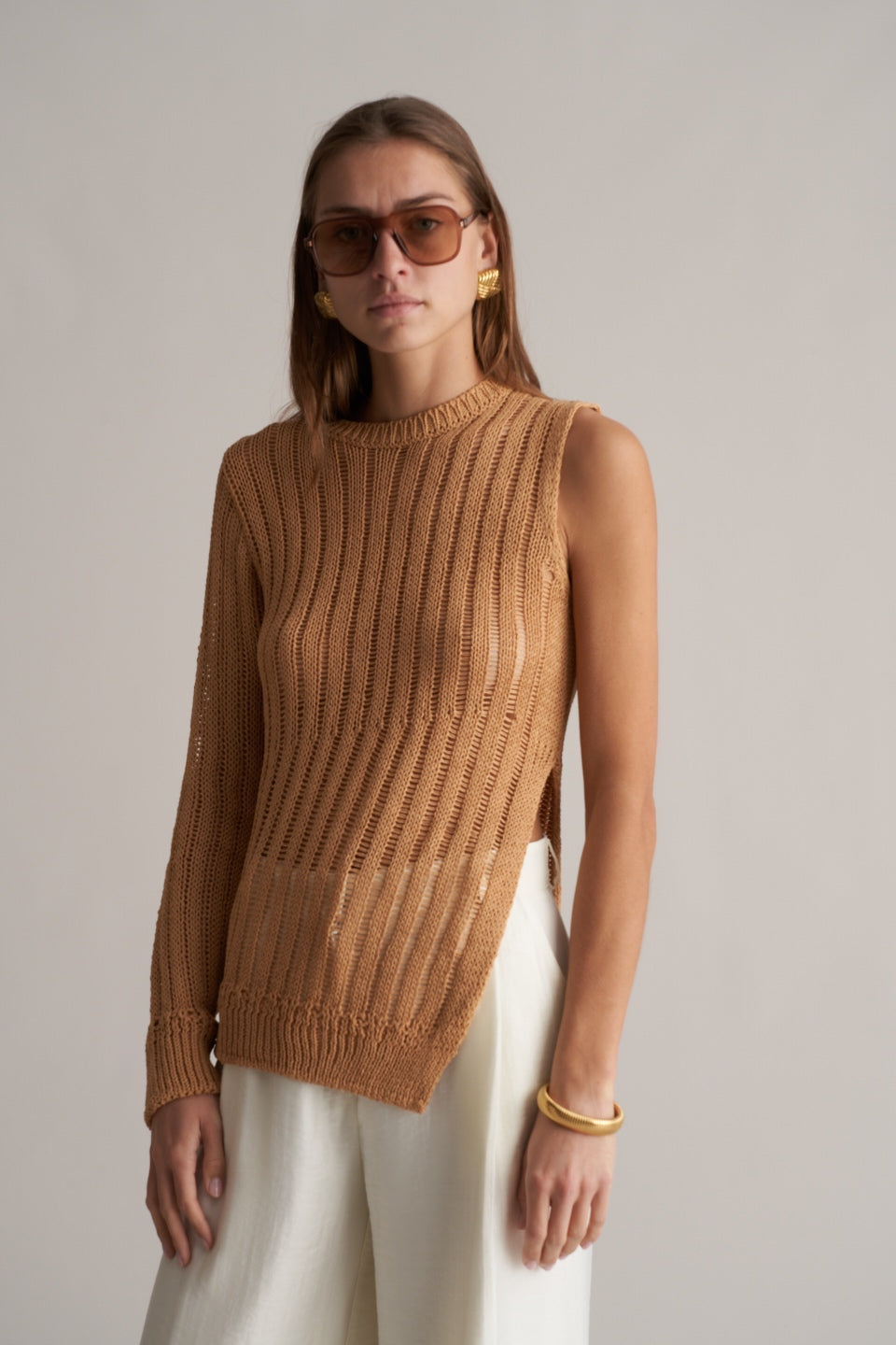 Simone Knitted Crochet Top Golden Tan