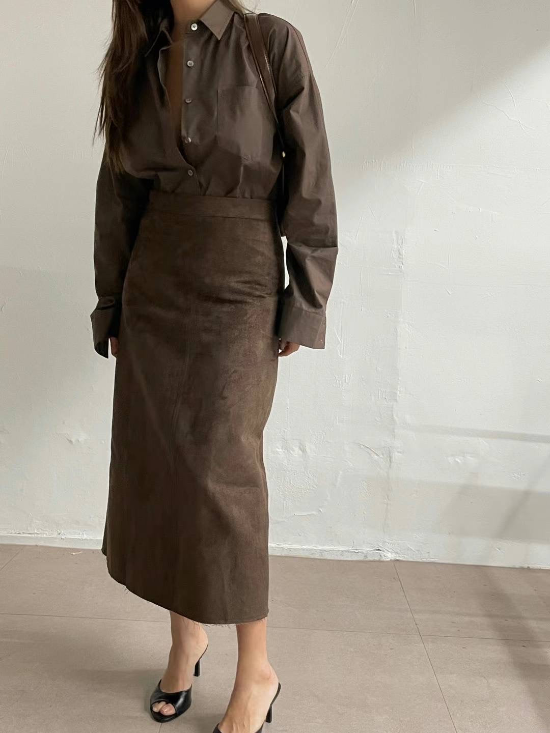 Indra Faux Suede Skirt Chocolate