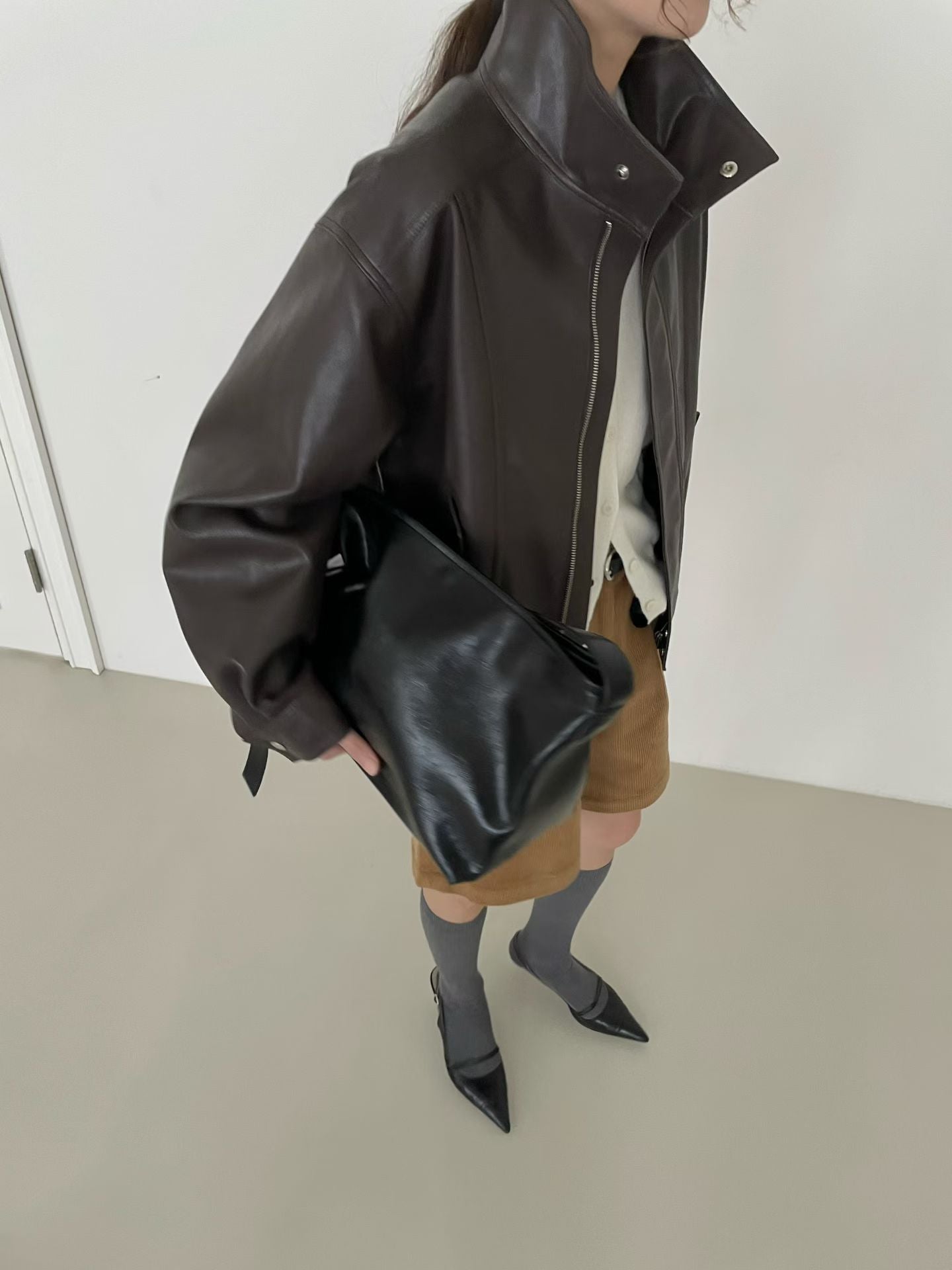 Deia Faux Leather Bomber Jacket Brown