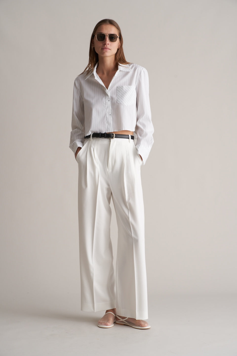 Cropped Pinstripe Shirt White