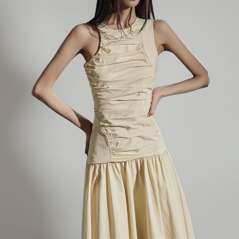 Azura Ruched Drop Waist Cotton Blend Dress Butter Yellow