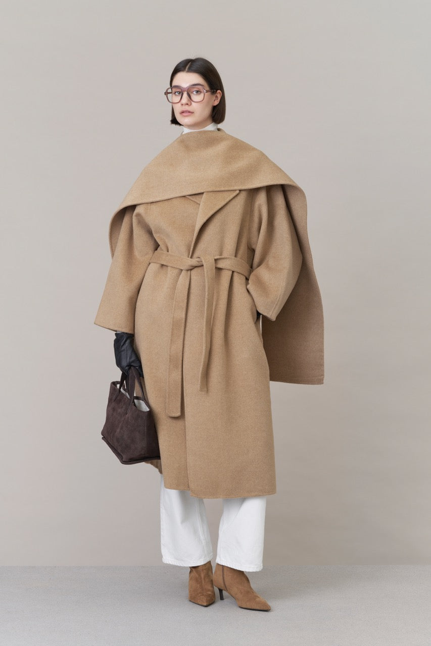 Belted Wool Coat with Scarf Camel
