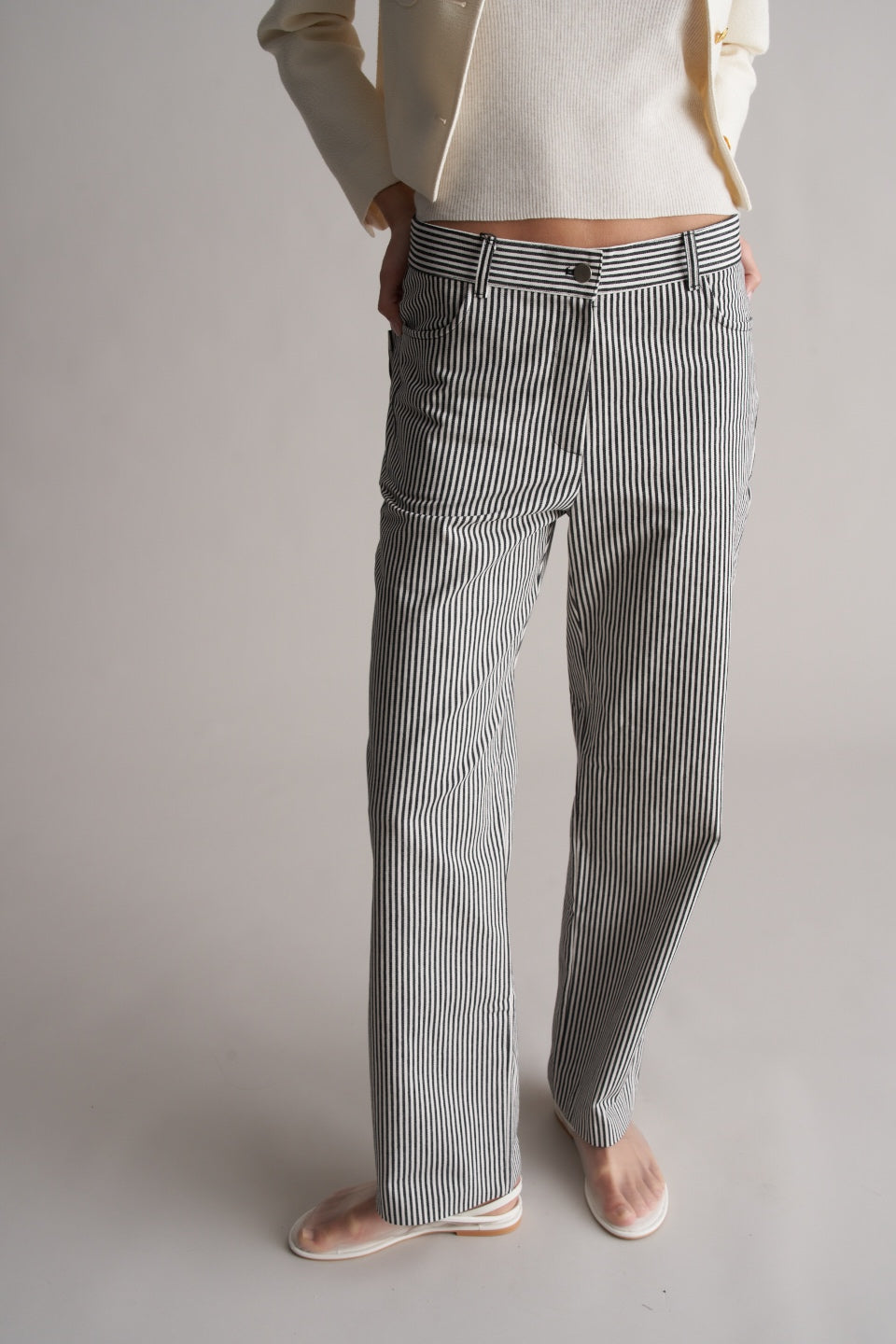 Bianco Cotton Striped Trousers Black/White