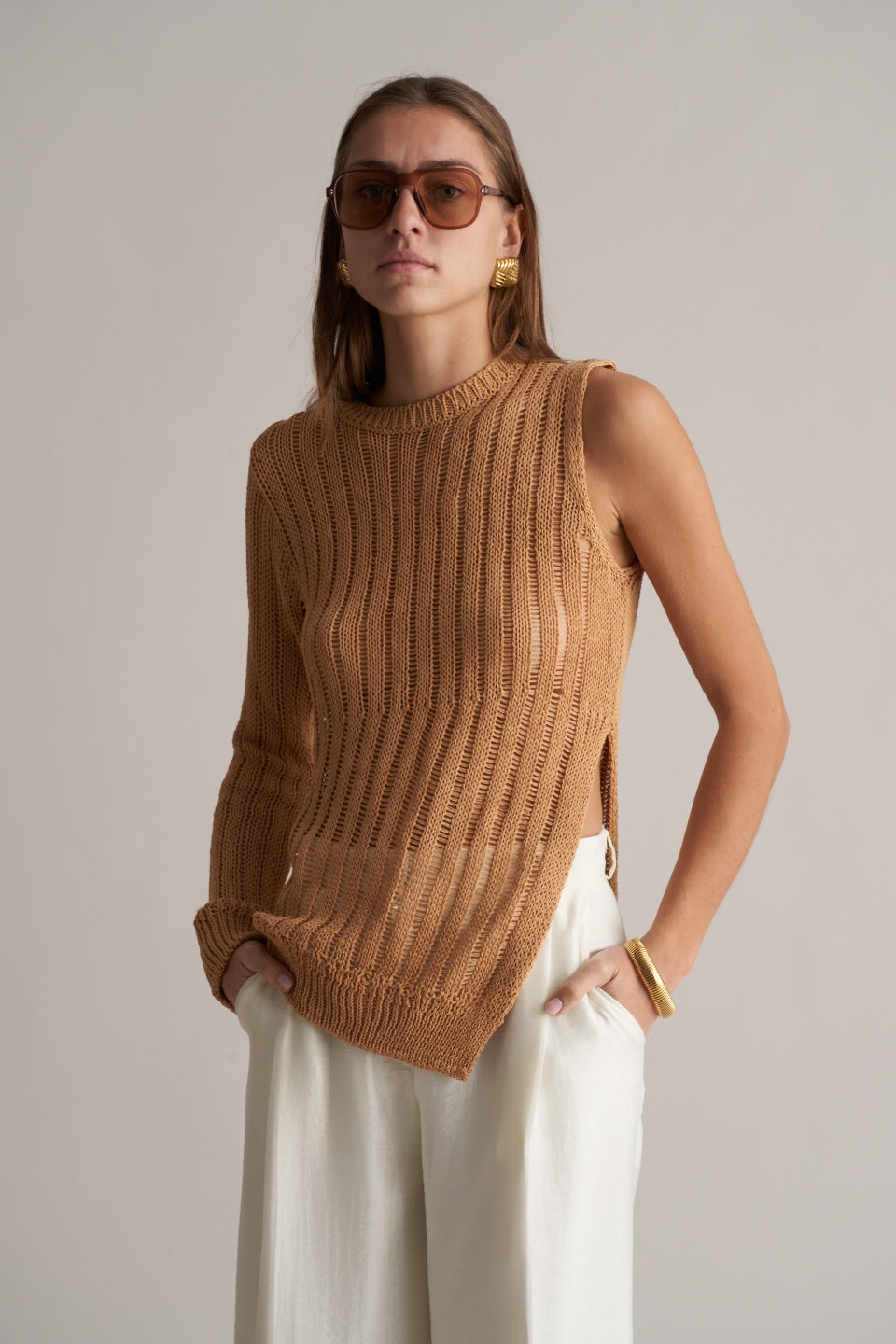 Simone Knitted Crochet Top Golden Tan