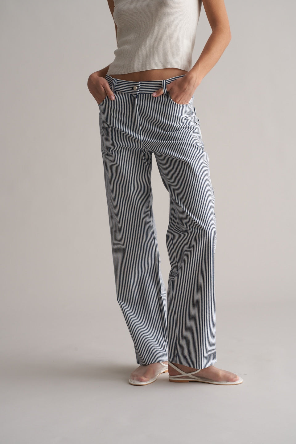 Bianco Cotton Striped Trousers Navy/White