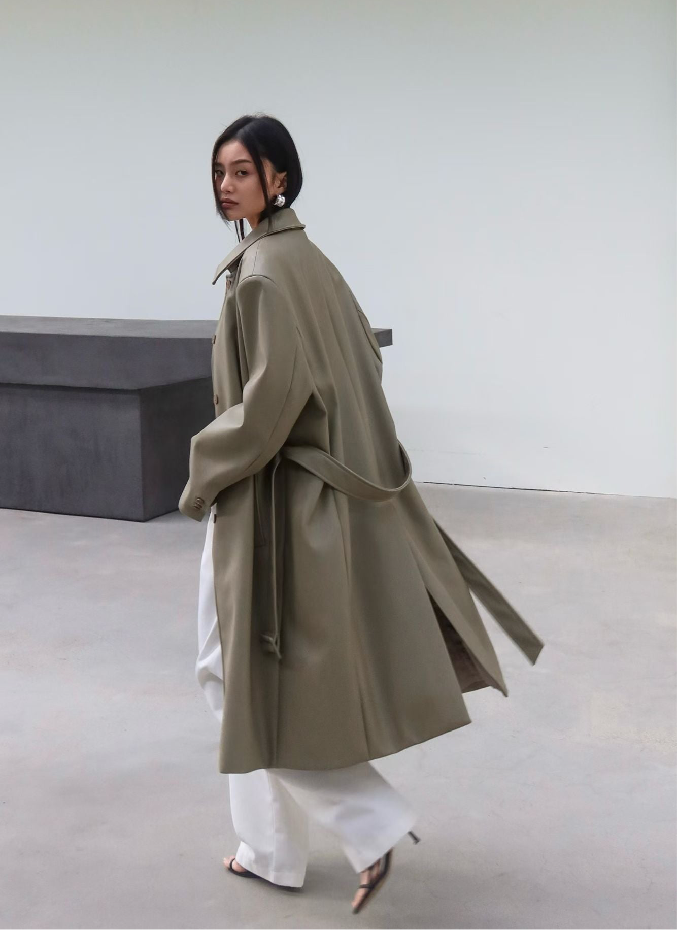 Nema Vegan Leather Mac Coat Olive