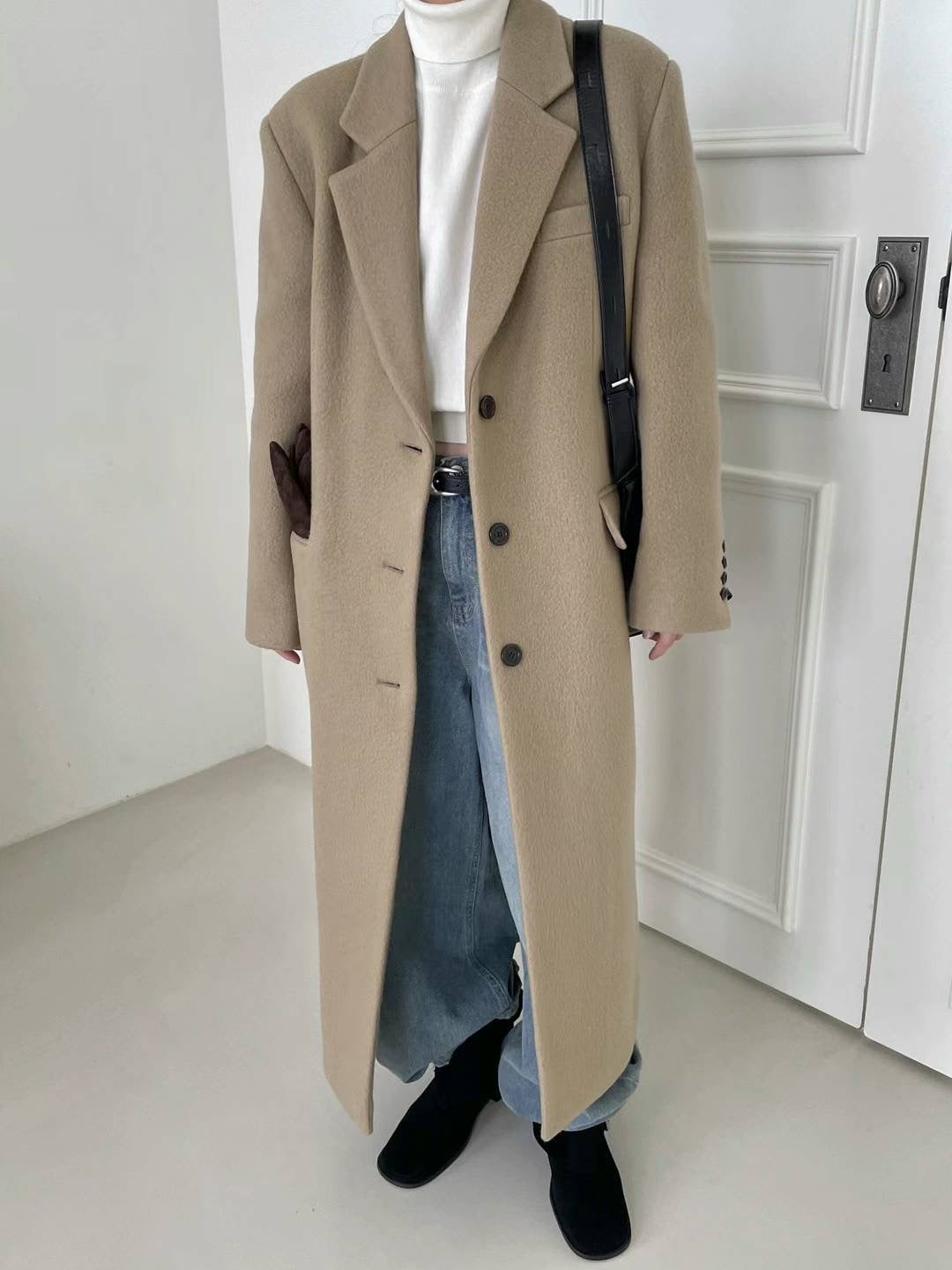 Darin Single Breasted Brushed Wool Coat Biscuit