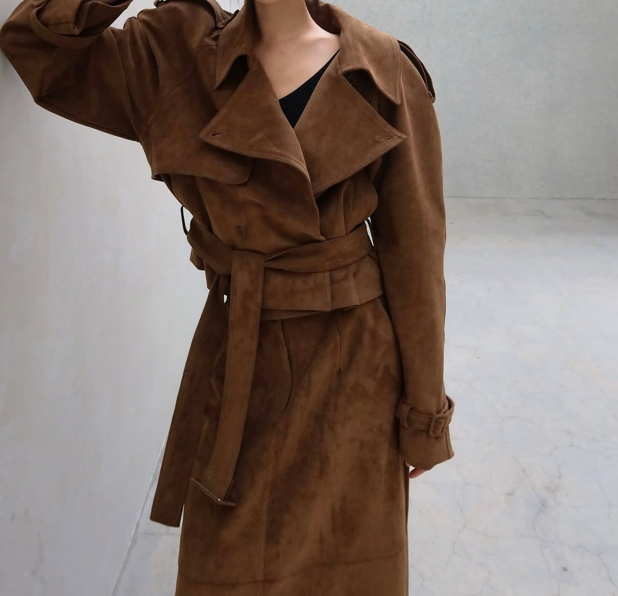 Rhys Faux Suede Cropped Trench Cognac