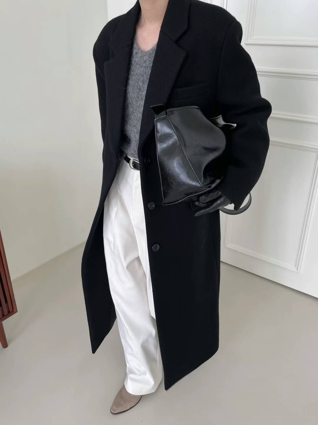 Darin Single Breasted Brushed Wool Coat Black