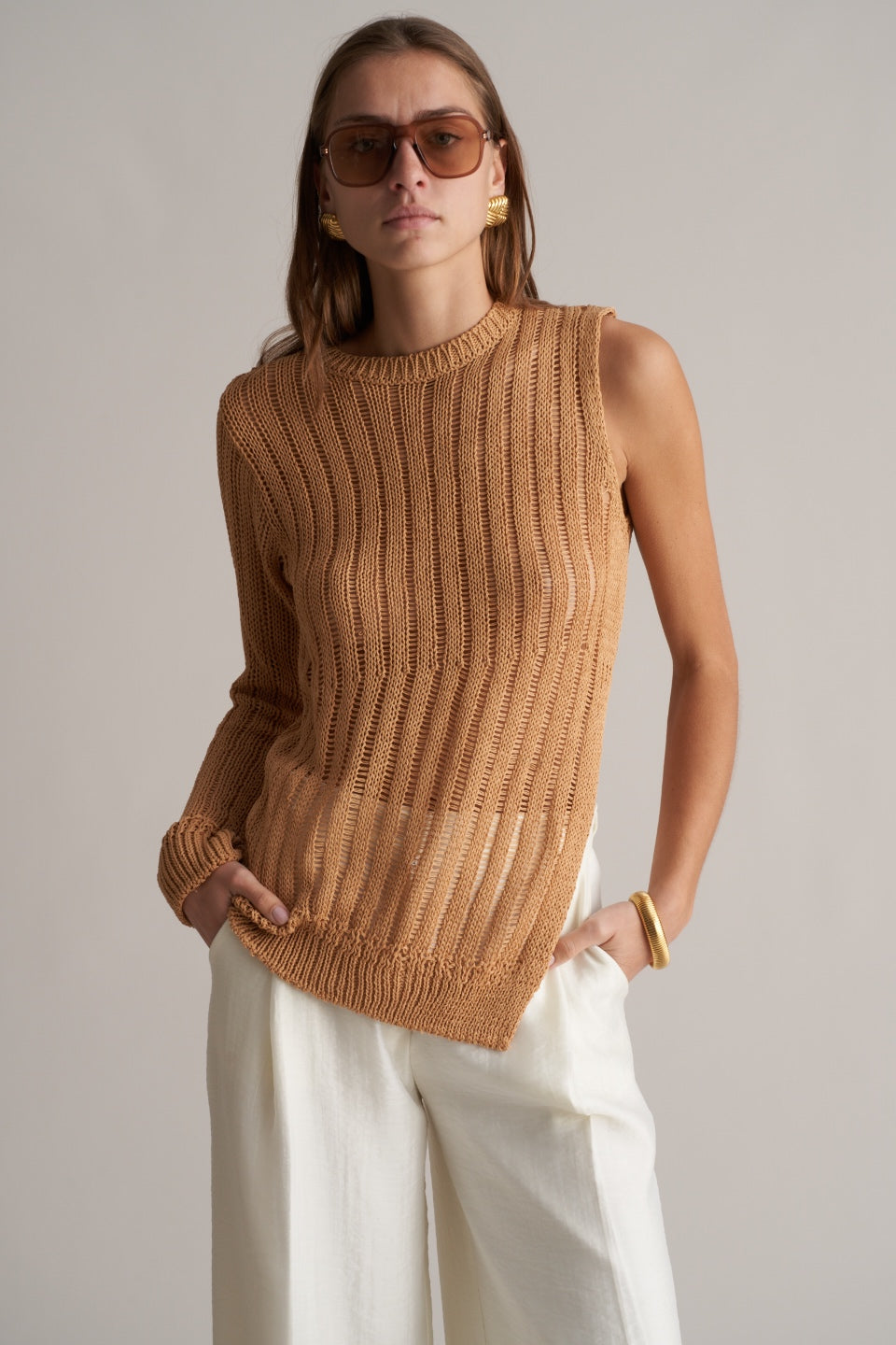 Simone Knitted Crochet Top Golden Tan