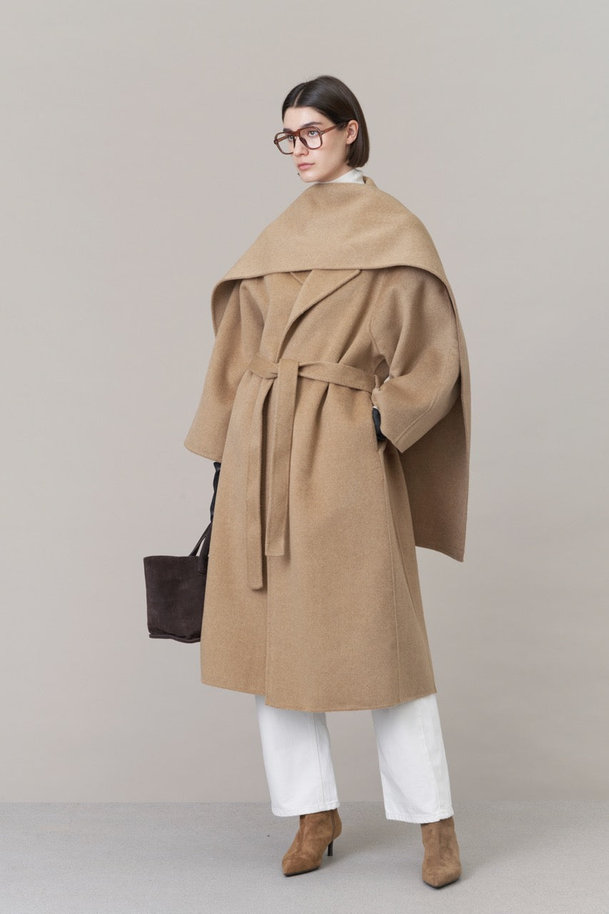 Belted Wool Coat with Scarf Camel