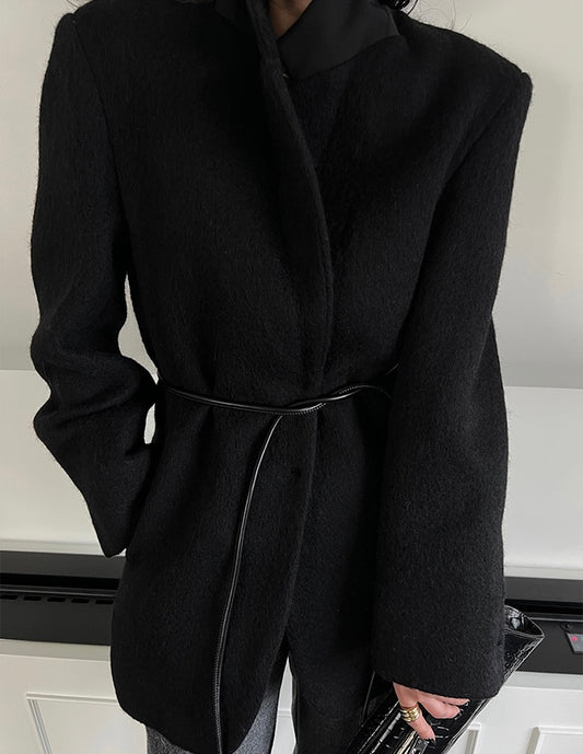 Marlo Belted Brushed Wool Blazer Black