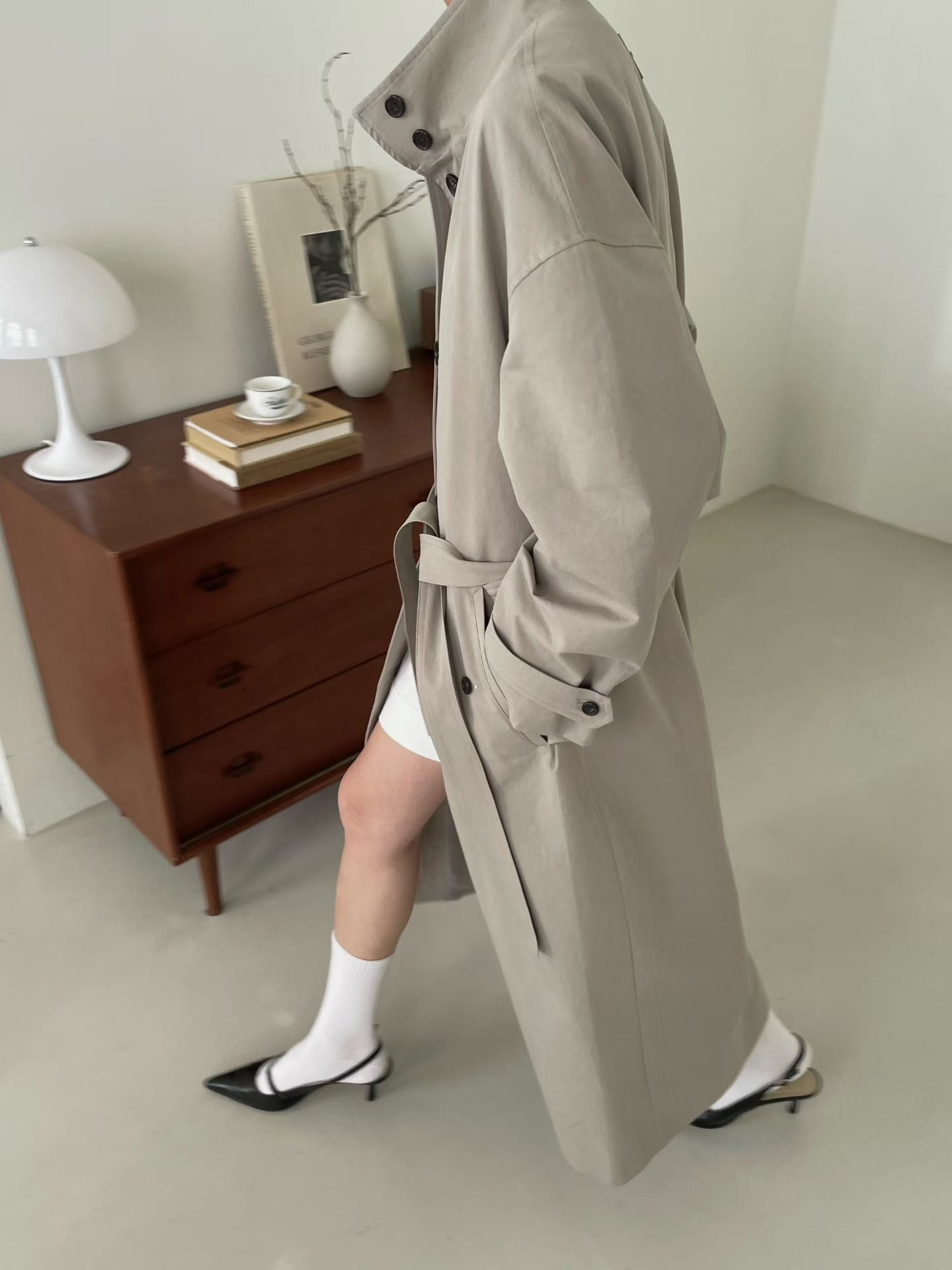 Delphine Funnel Neck Trench Coat Khaki