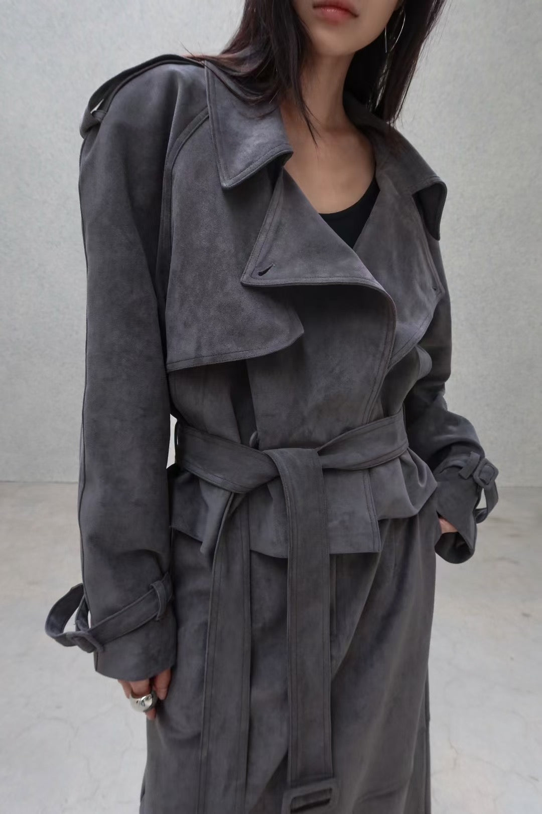Rhys Faux Suede Cropped Trench Steel