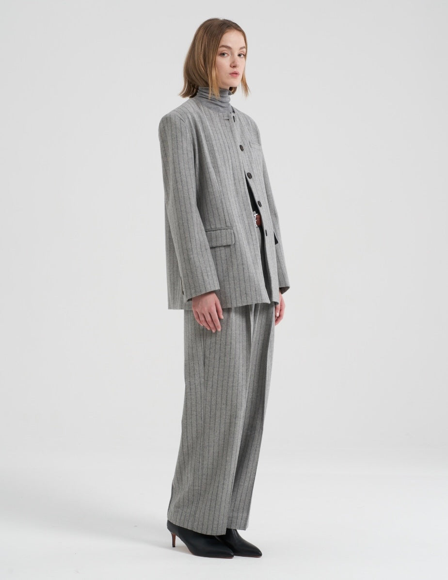 Gal Wool Collarless Jacket Grey Pinstripe