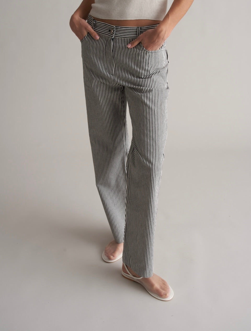 Bianco Cotton Striped Trousers Black/White