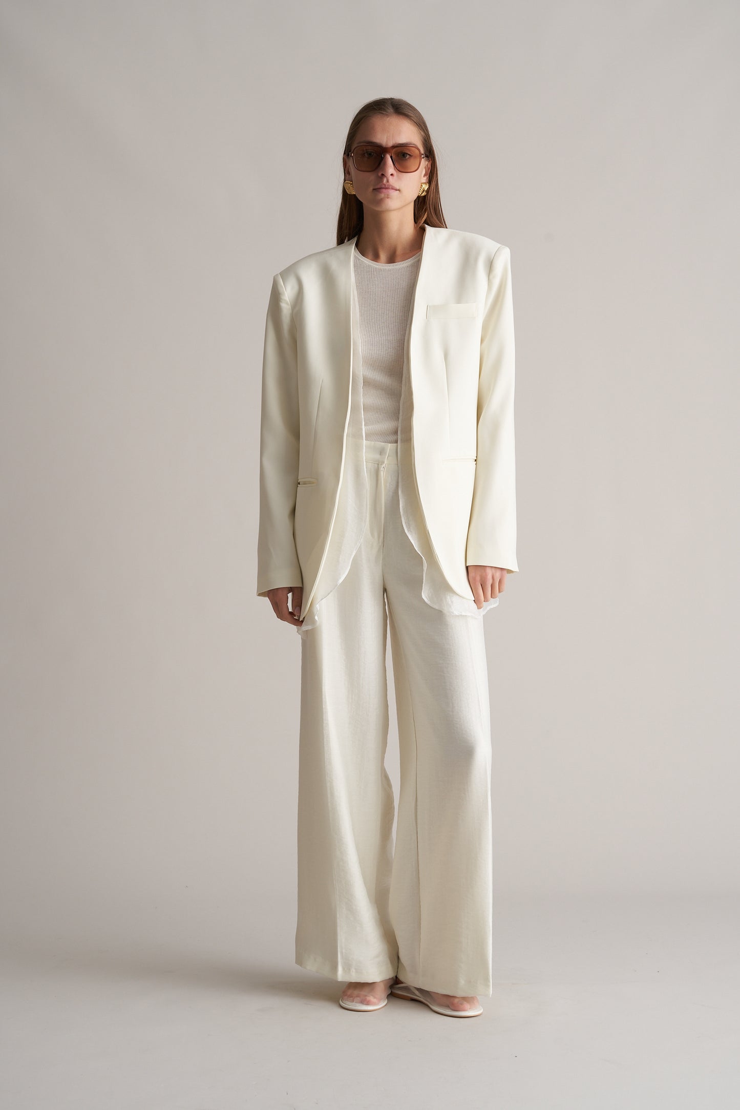 Nikau Collarless Layered Longline Blazer Cream