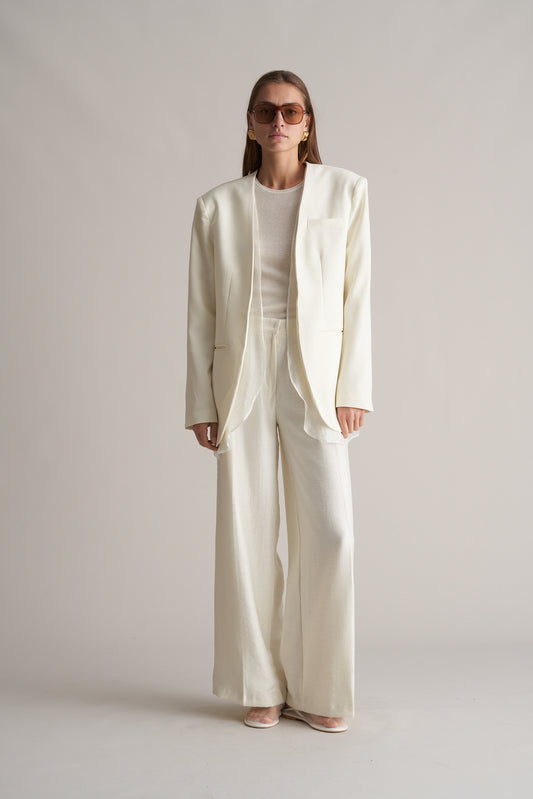 Nikau Collarless Layered Longline Blazer Cream