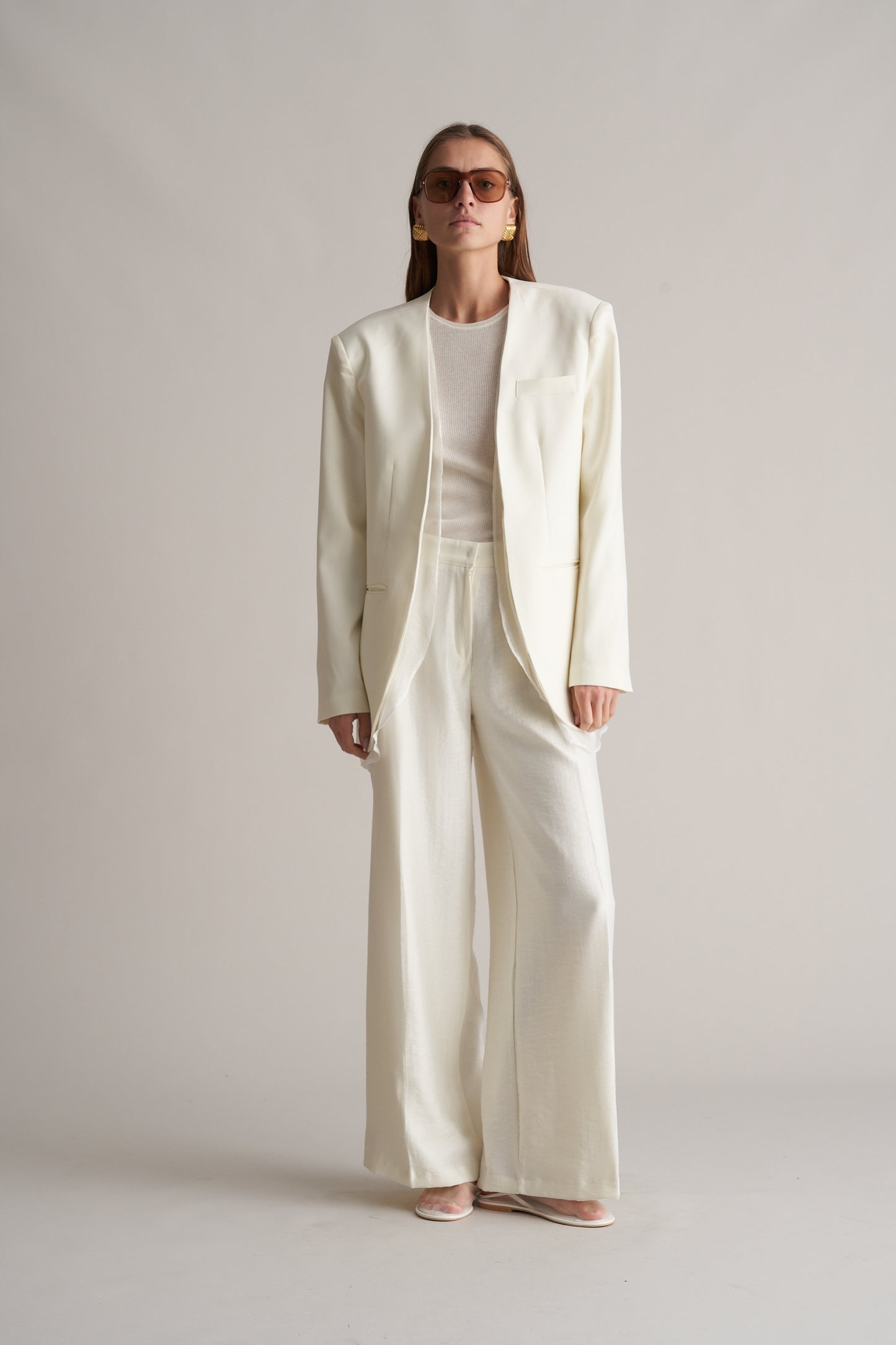 Nikau Collarless Layered Longline Blazer Cream