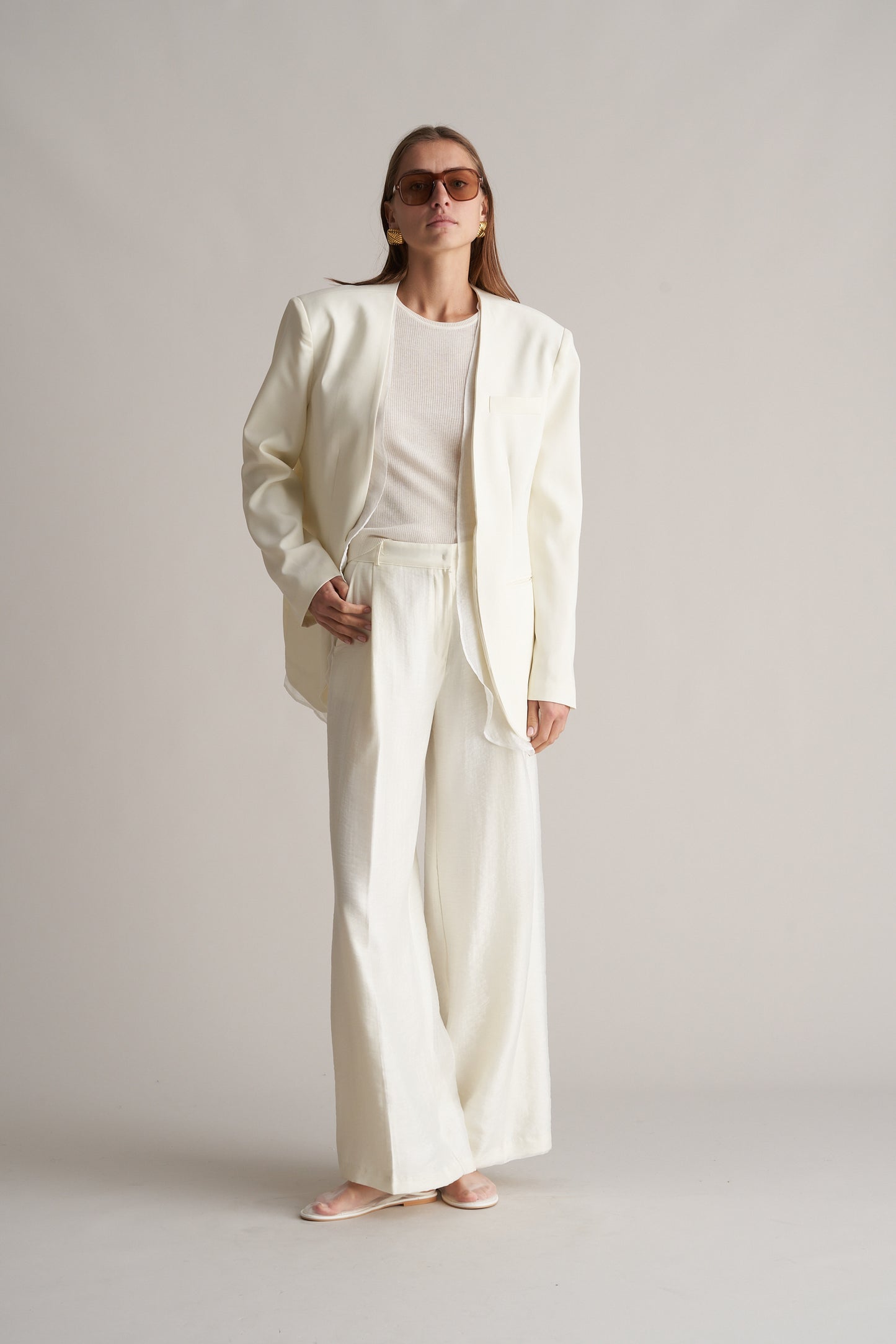 Nikau Collarless Layered Longline Blazer Cream