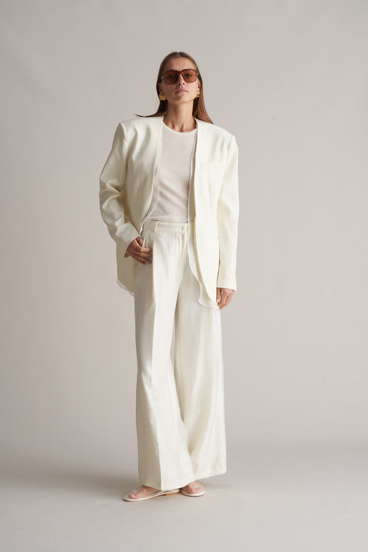 Nikau Collarless Layered Longline Blazer Cream