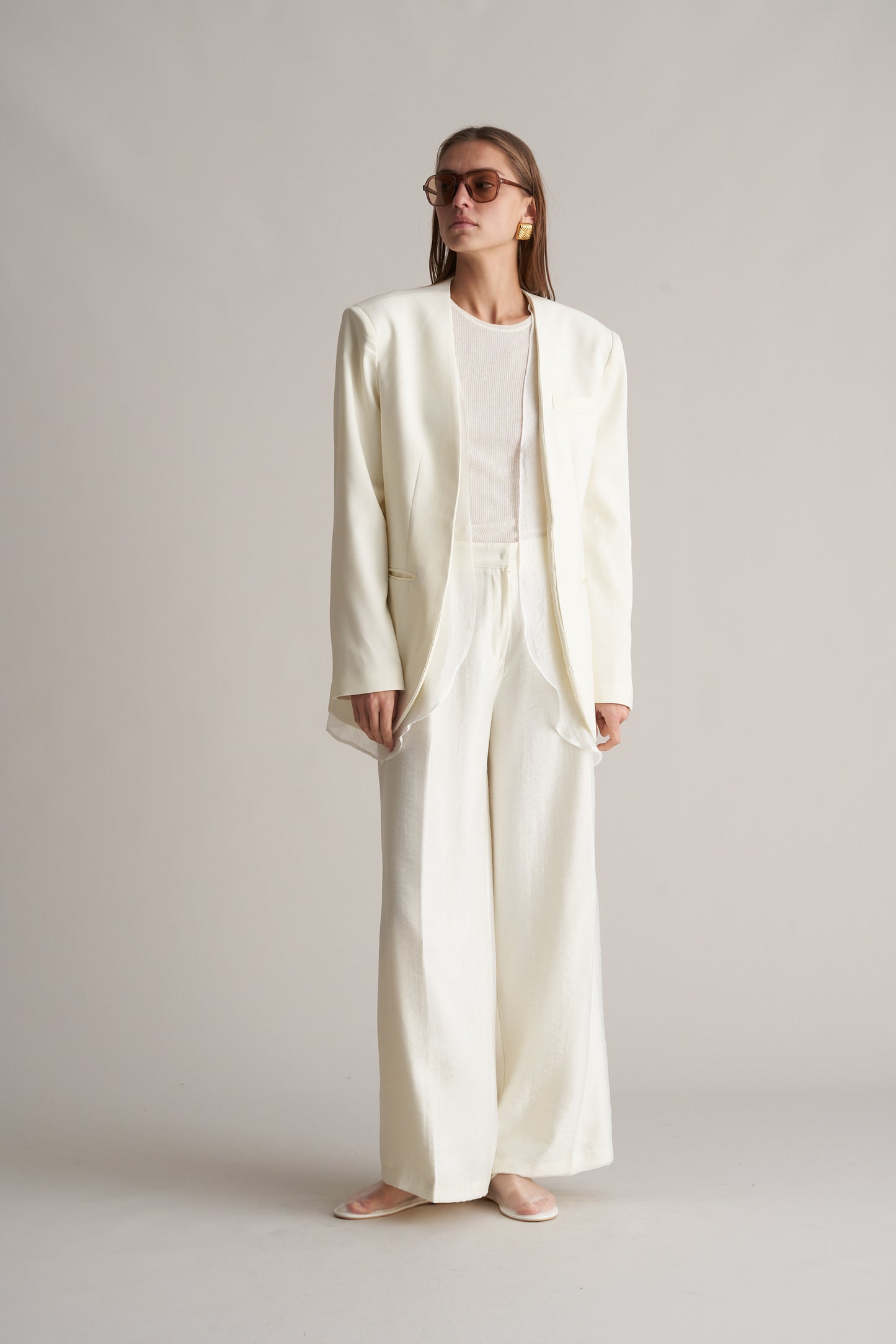 Nikau Collarless Layered Longline Blazer Cream