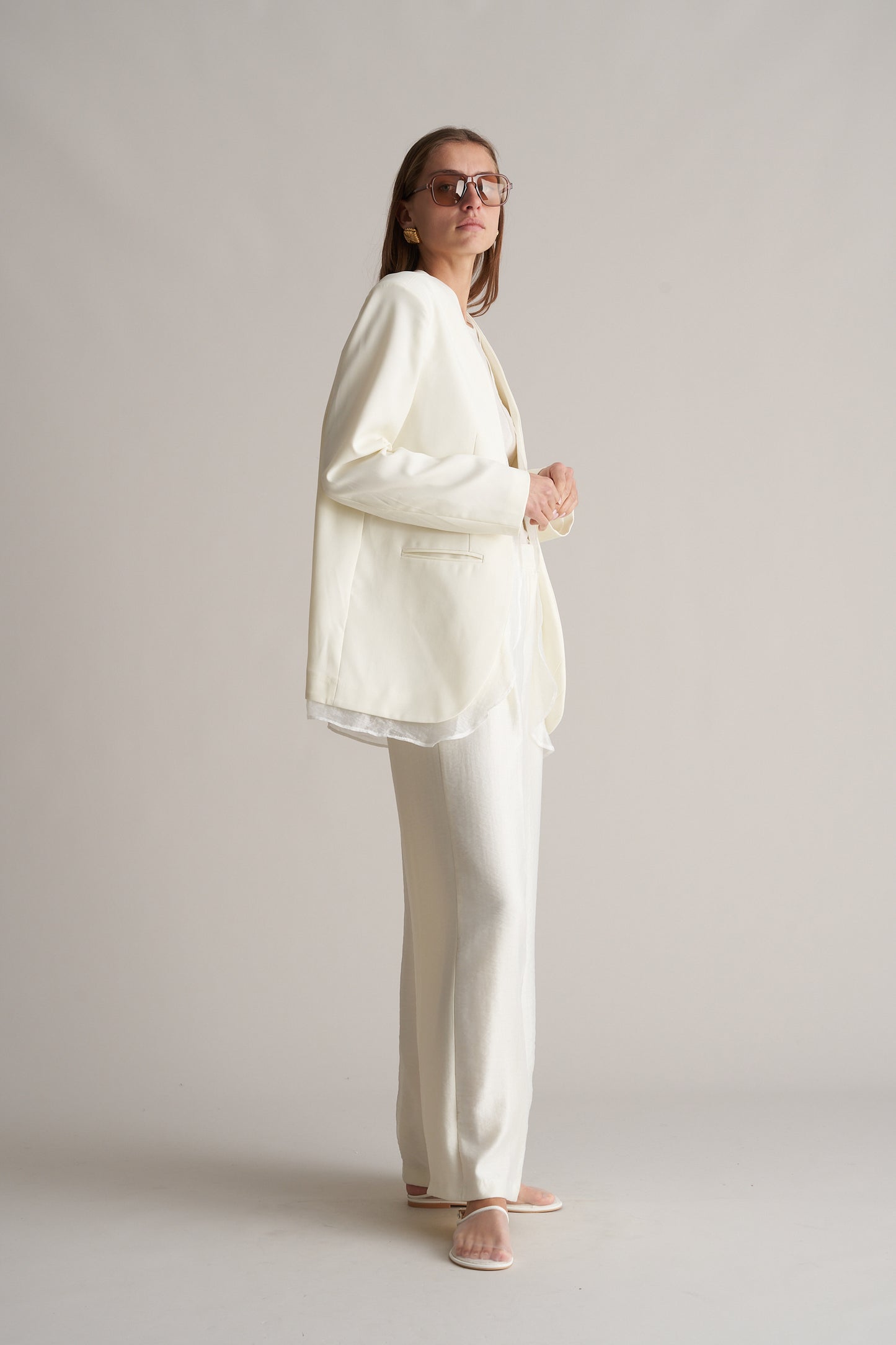 Nikau Collarless Layered Longline Blazer Cream