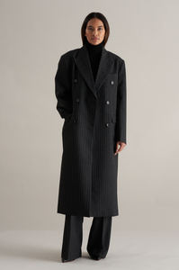 Tobi Wool Pinstripe Double Breasted Overcoat