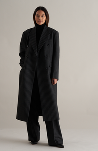 Tobi Wool Pinstripe Double Breasted Overcoat