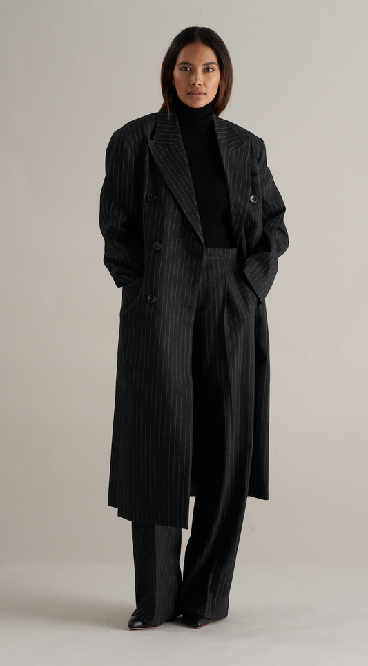Tobi Wool Pinstripe Double Breasted Overcoat