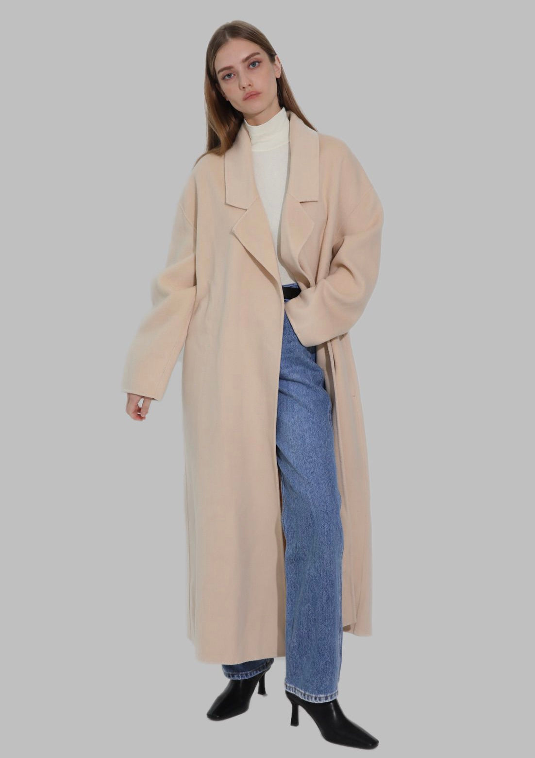 Arin Drop Lapel Double Face Wool Coat Cashew