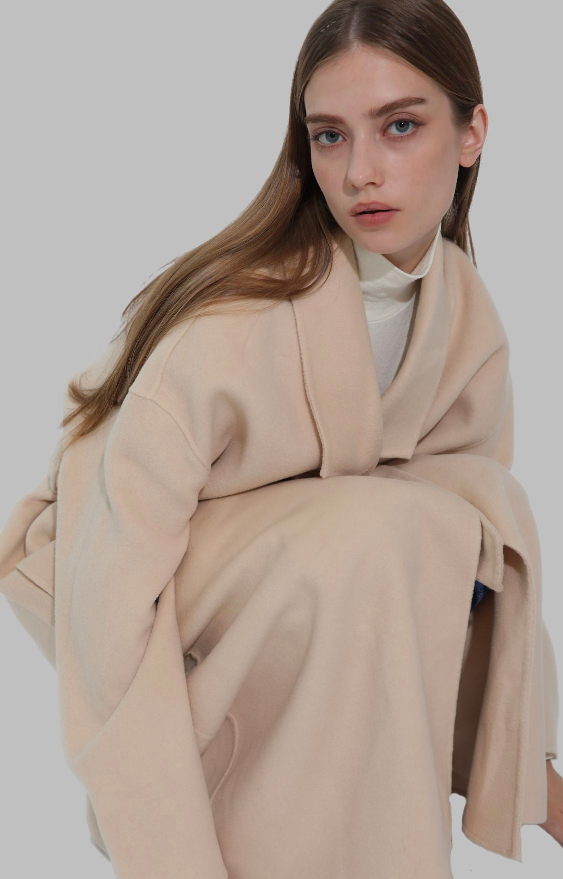 Arin Drop Lapel Double Face Wool Coat Cashew