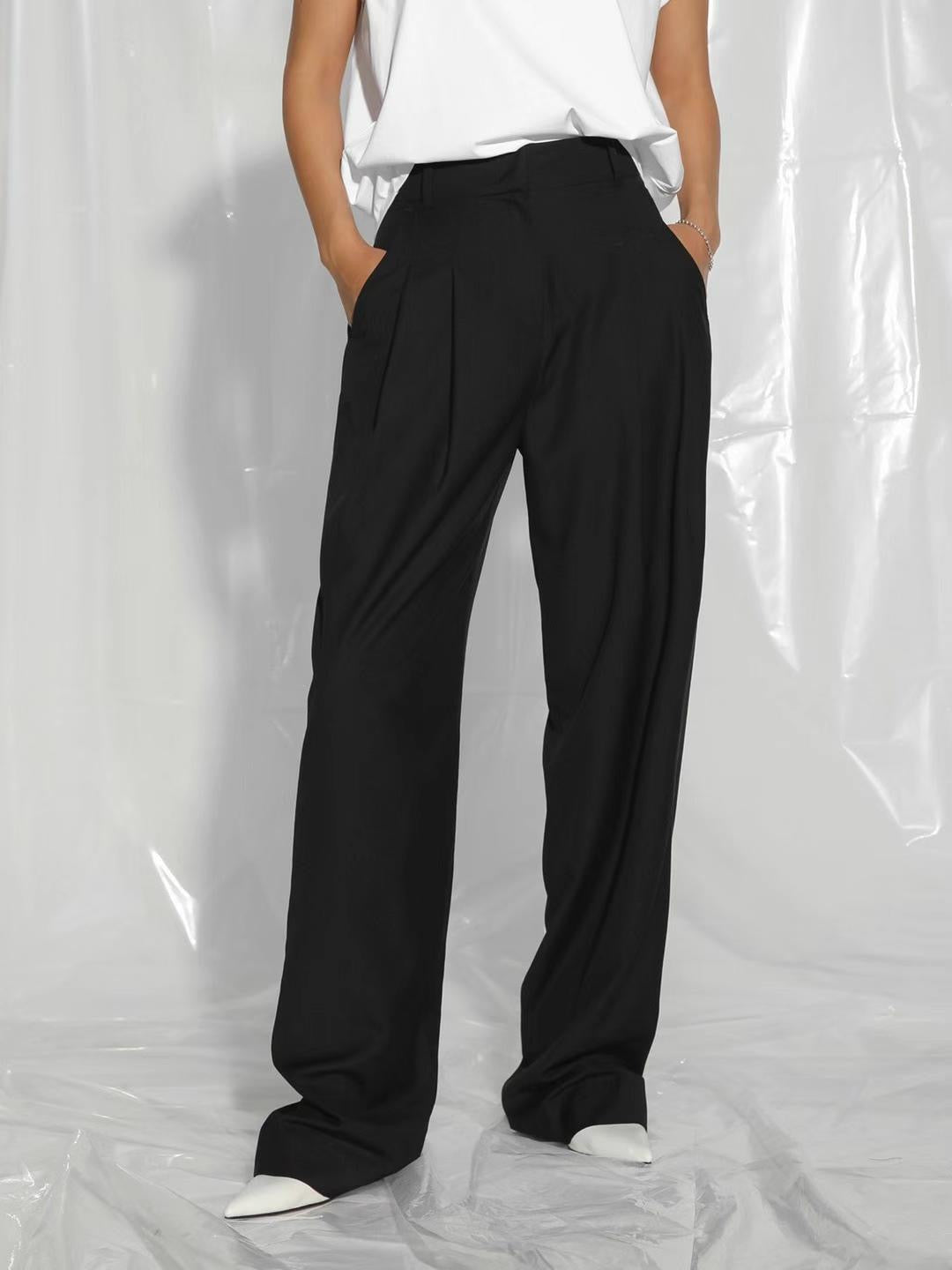 Wide Leg Tencel Wool Blend Pintuck Trousers Black