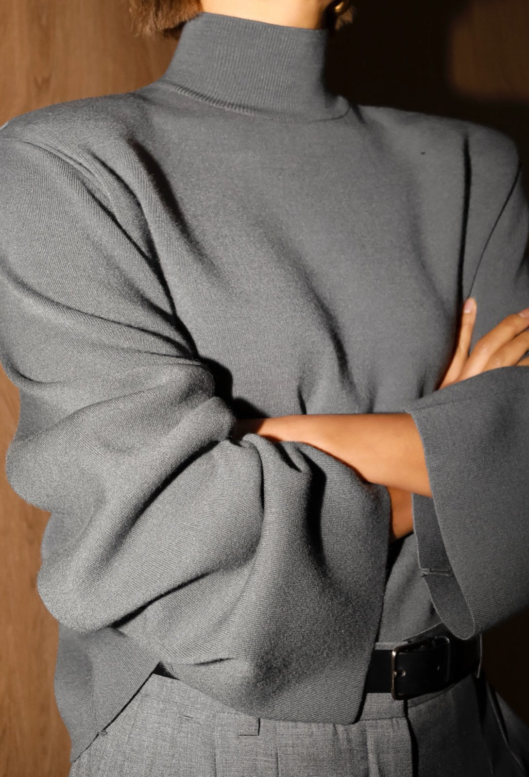 Padded Shoulder Mock Neck Knit Charcoal