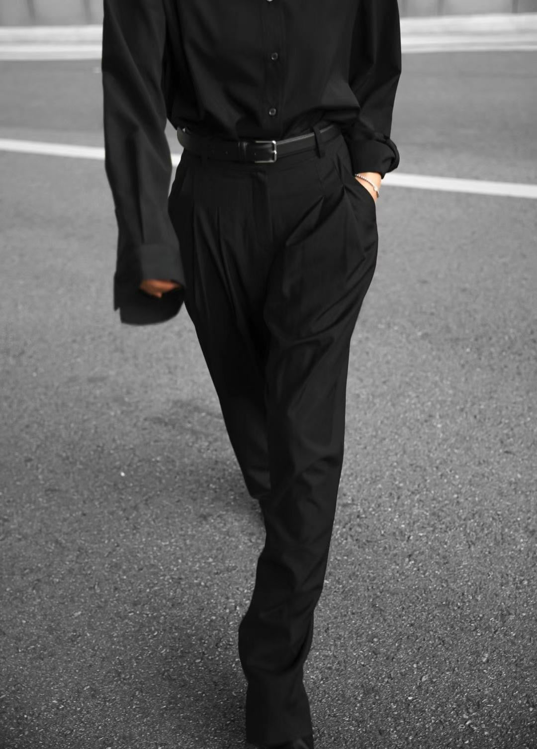 Wide Leg Tencel Wool Blend Pintuck Trousers Black