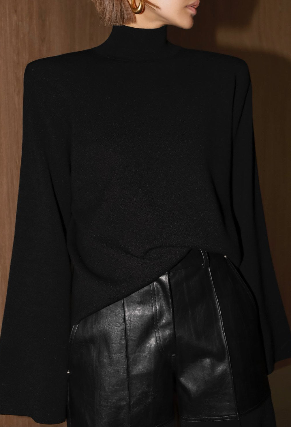 Padded Shoulder Mock Neck Knit Black