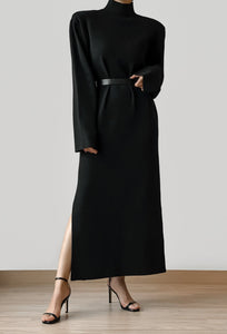 Signature High Neck Wool Slit Dress Black