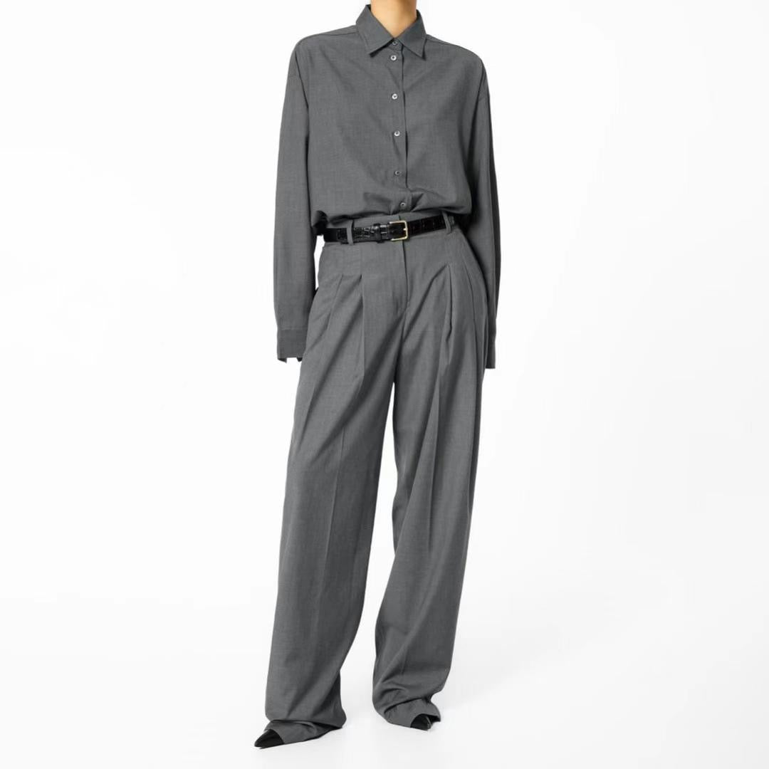 Wide Leg Tencel Wool Blend Pintuck Trousers Graphite