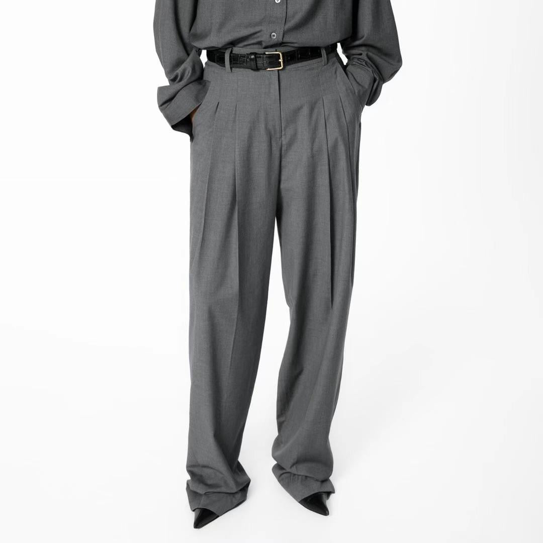 Wide Leg Tencel Wool Blend Pintuck Trousers Graphite