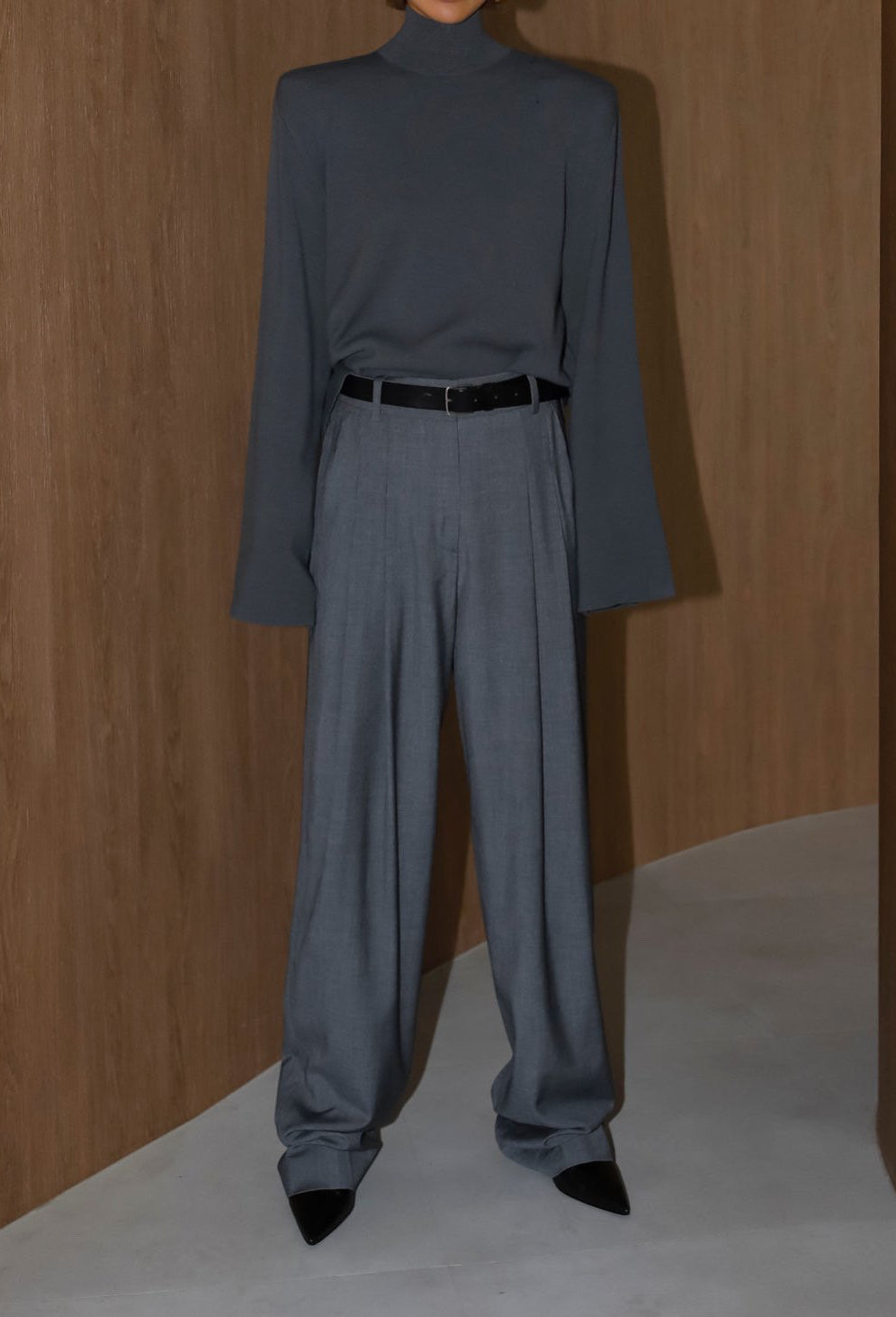 Padded Shoulder Mock Neck Knit Charcoal