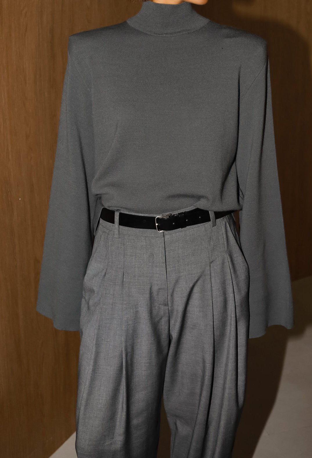 Padded Shoulder Mock Neck Knit Charcoal